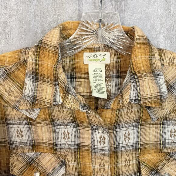 As Real As Wrangler Shirt Women’s Medium Pearl Snap Yellow Gold Cowgirl Western - Picture 4 of 13